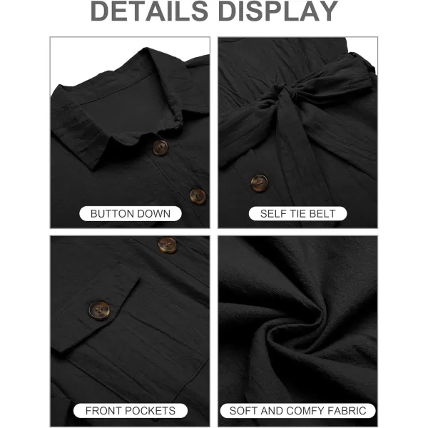 GRAPENT Womens Summer Short Sleeve Button Down Pockets Belted Jumpsuits RompersBlack