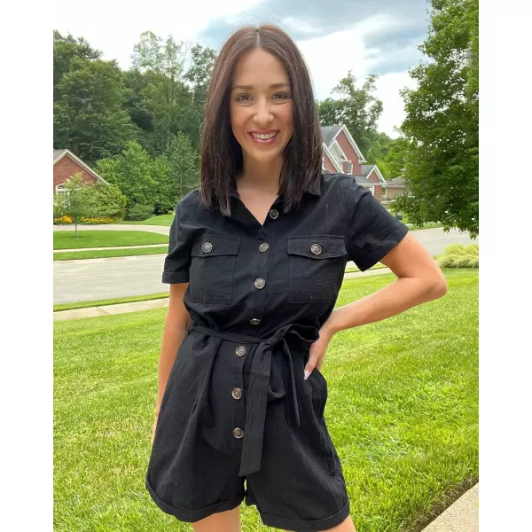 GRAPENT Womens Summer Short Sleeve Button Down Pockets Belted Jumpsuits RompersBlack