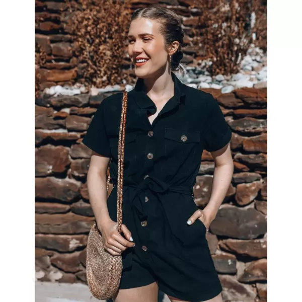 GRAPENT Womens Summer Short Sleeve Button Down Pockets Belted Jumpsuits RompersBlack