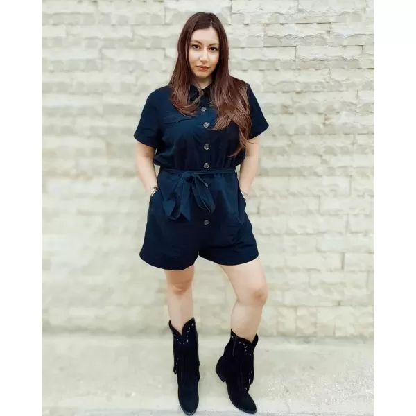 GRAPENT Womens Summer Short Sleeve Button Down Pockets Belted Jumpsuits RompersBlack