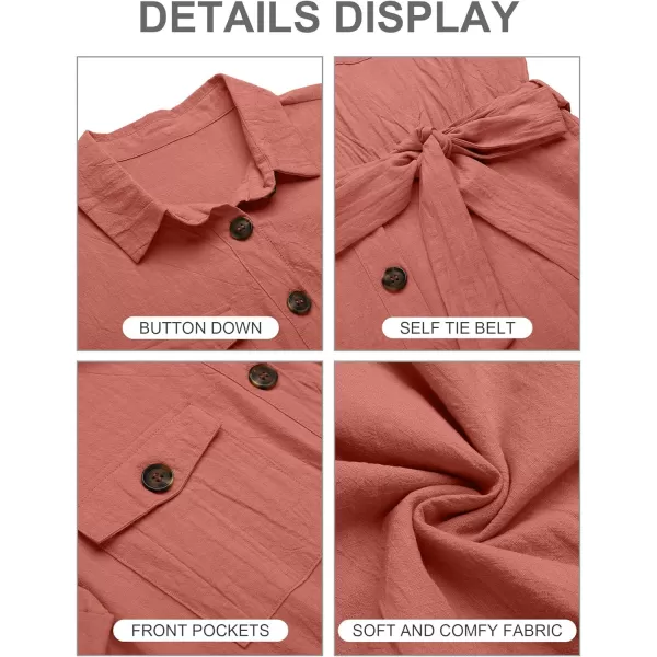 GRAPENT Womens Summer Short Sleeve Button Down Pockets Belted Jumpsuits RompersBrick Dust