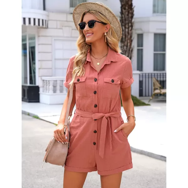 GRAPENT Womens Summer Short Sleeve Button Down Pockets Belted Jumpsuits RompersBrick Dust