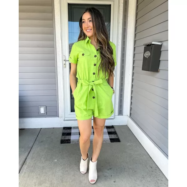 GRAPENT Womens Summer Short Sleeve Button Down Pockets Belted Jumpsuits RompersBright Lime Green