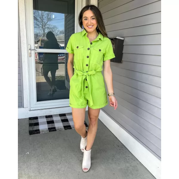 GRAPENT Womens Summer Short Sleeve Button Down Pockets Belted Jumpsuits RompersBright Lime Green