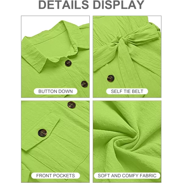 GRAPENT Womens Summer Short Sleeve Button Down Pockets Belted Jumpsuits RompersBright Lime Green