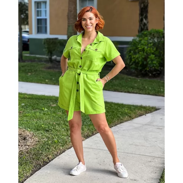 GRAPENT Womens Summer Short Sleeve Button Down Pockets Belted Jumpsuits RompersBright Lime Green