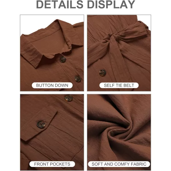 GRAPENT Womens Summer Short Sleeve Button Down Pockets Belted Jumpsuits RompersCambridge Brown