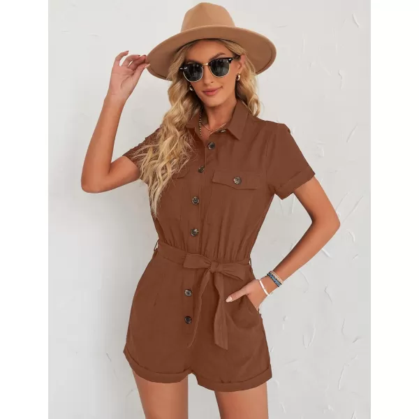 GRAPENT Womens Summer Short Sleeve Button Down Pockets Belted Jumpsuits RompersCambridge Brown