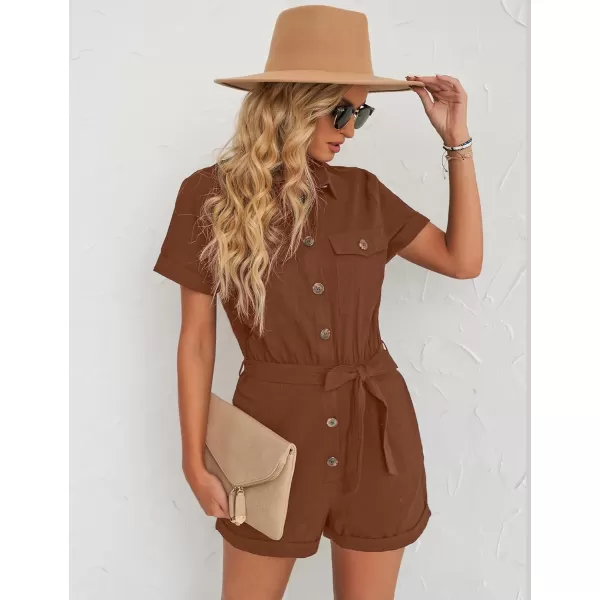 GRAPENT Womens Summer Short Sleeve Button Down Pockets Belted Jumpsuits RompersCambridge Brown