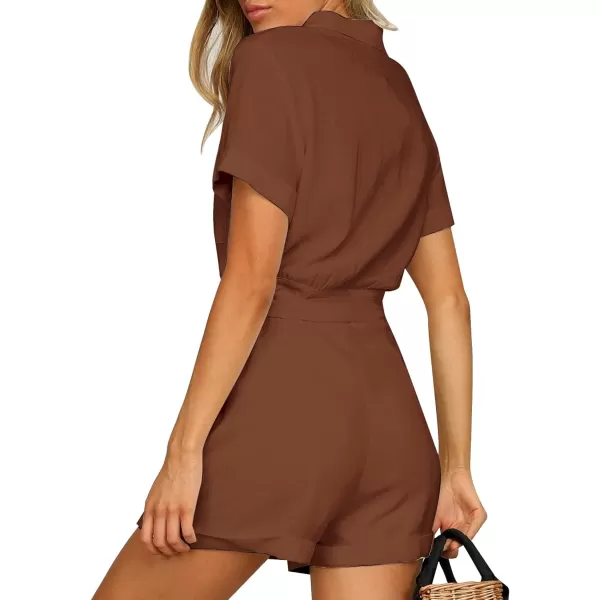 GRAPENT Womens Summer Short Sleeve Button Down Pockets Belted Jumpsuits RompersCambridge Brown