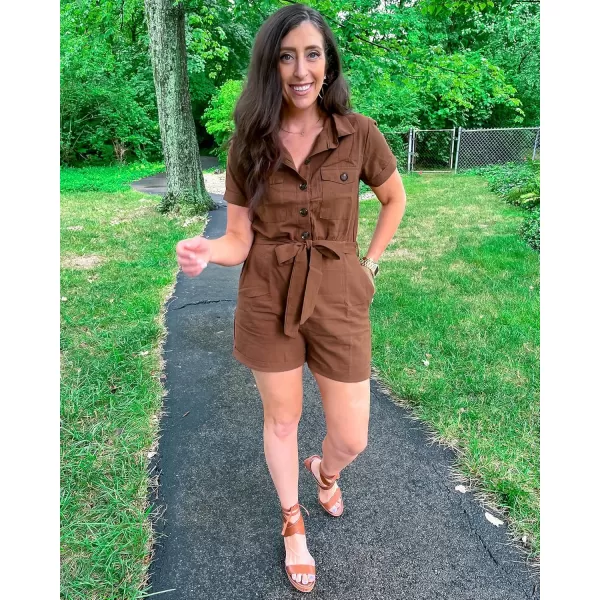 GRAPENT Womens Summer Short Sleeve Button Down Pockets Belted Jumpsuits RompersCambridge Brown