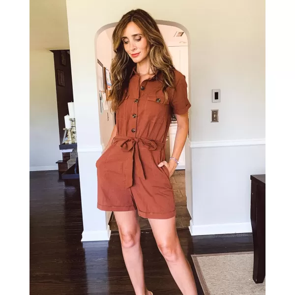 GRAPENT Womens Summer Short Sleeve Button Down Pockets Belted Jumpsuits RompersCambridge Brown