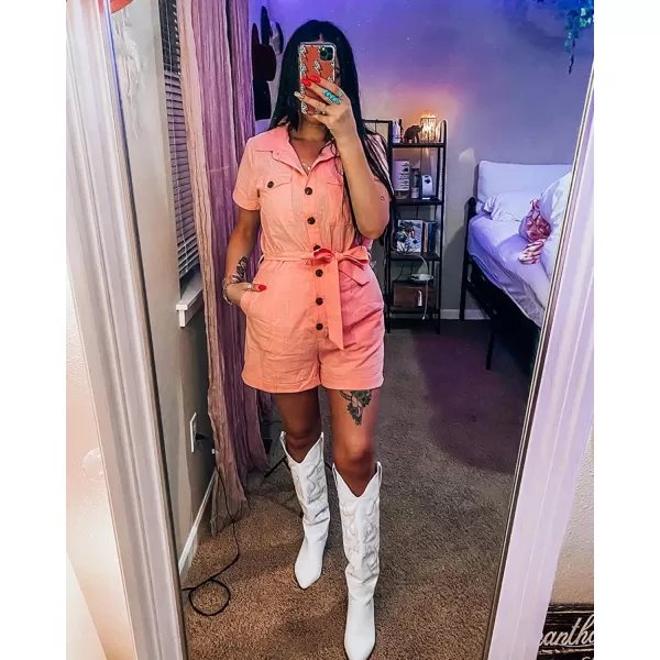 GRAPENT Womens Summer Short Sleeve Button Down Pockets Belted Jumpsuits RompersCandy Pink