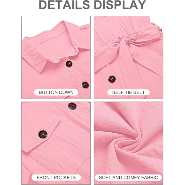 GRAPENT Womens Summer Short Sleeve Button Down Pockets Belted Jumpsuits RompersCandy Pink