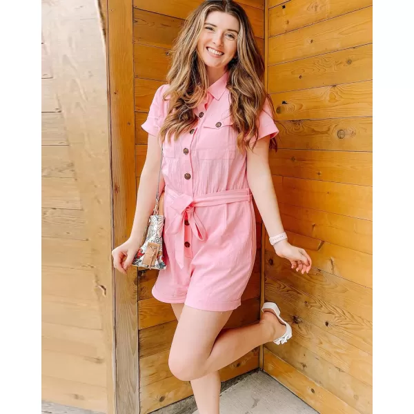 GRAPENT Womens Summer Short Sleeve Button Down Pockets Belted Jumpsuits RompersCandy Pink