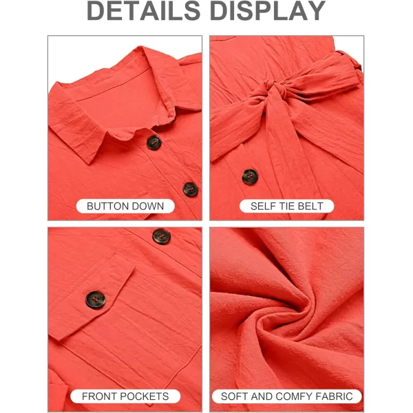 GRAPENT Womens Summer Short Sleeve Button Down Pockets Belted Jumpsuits RompersCherry Tomato Red
