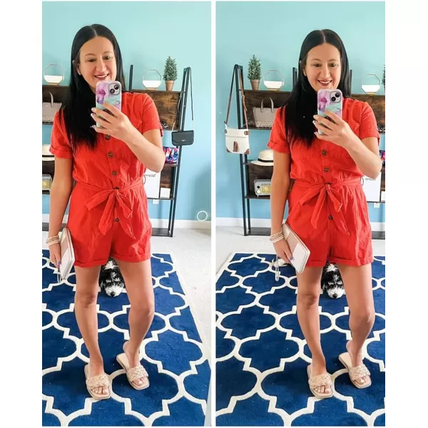 GRAPENT Womens Summer Short Sleeve Button Down Pockets Belted Jumpsuits RompersCherry Tomato Red