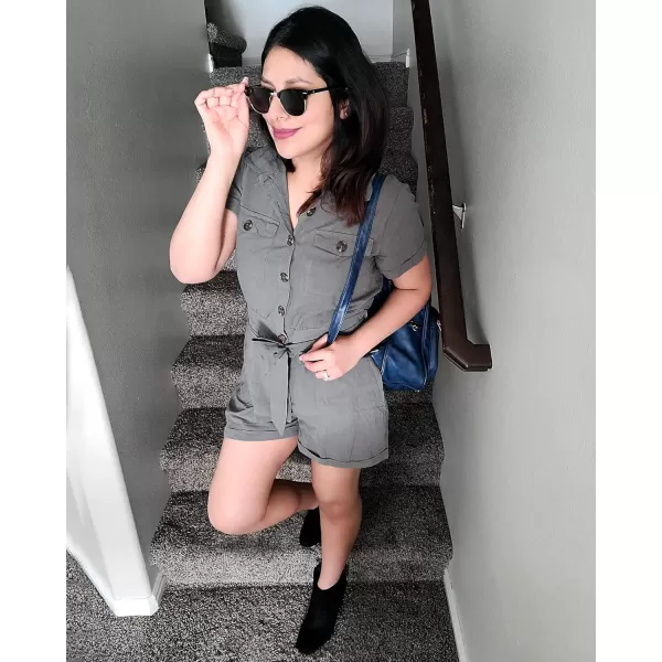 GRAPENT Womens Summer Short Sleeve Button Down Pockets Belted Jumpsuits RompersGray