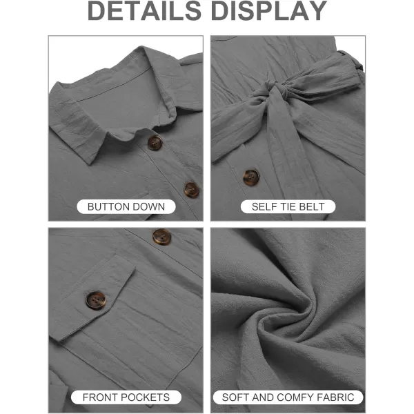 GRAPENT Womens Summer Short Sleeve Button Down Pockets Belted Jumpsuits RompersGray
