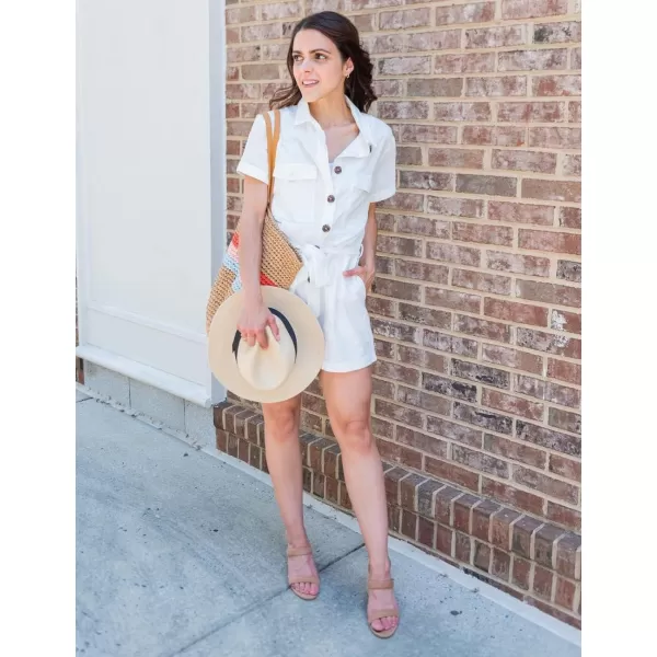 GRAPENT Womens Summer Short Sleeve Button Down Pockets Belted Jumpsuits RompersIvory