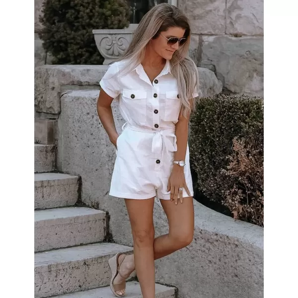 GRAPENT Womens Summer Short Sleeve Button Down Pockets Belted Jumpsuits RompersIvory
