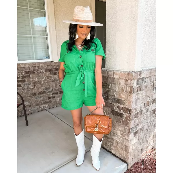 GRAPENT Womens Summer Short Sleeve Button Down Pockets Belted Jumpsuits RompersJolly Green