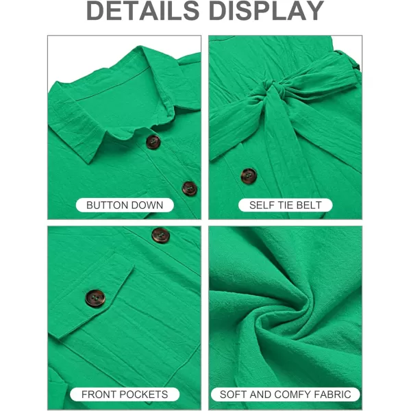 GRAPENT Womens Summer Short Sleeve Button Down Pockets Belted Jumpsuits RompersJolly Green