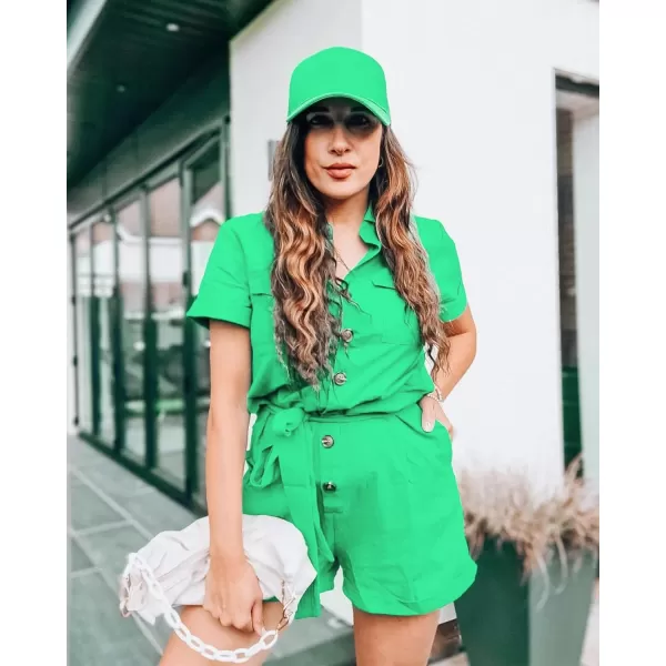 GRAPENT Womens Summer Short Sleeve Button Down Pockets Belted Jumpsuits RompersJolly Green