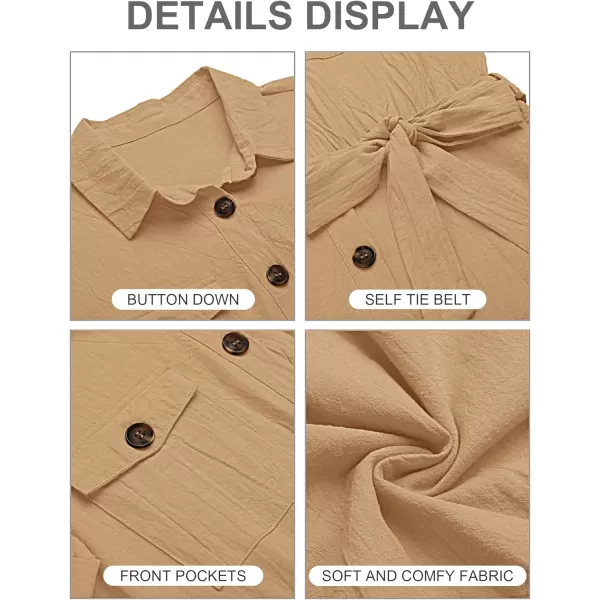 GRAPENT Womens Summer Short Sleeve Button Down Pockets Belted Jumpsuits RompersLatte