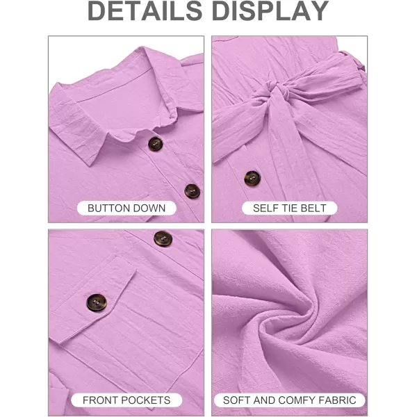 GRAPENT Womens Summer Short Sleeve Button Down Pockets Belted Jumpsuits RompersLavendula