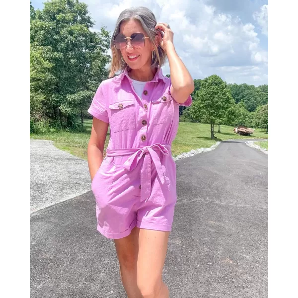 GRAPENT Womens Summer Short Sleeve Button Down Pockets Belted Jumpsuits RompersLavendula