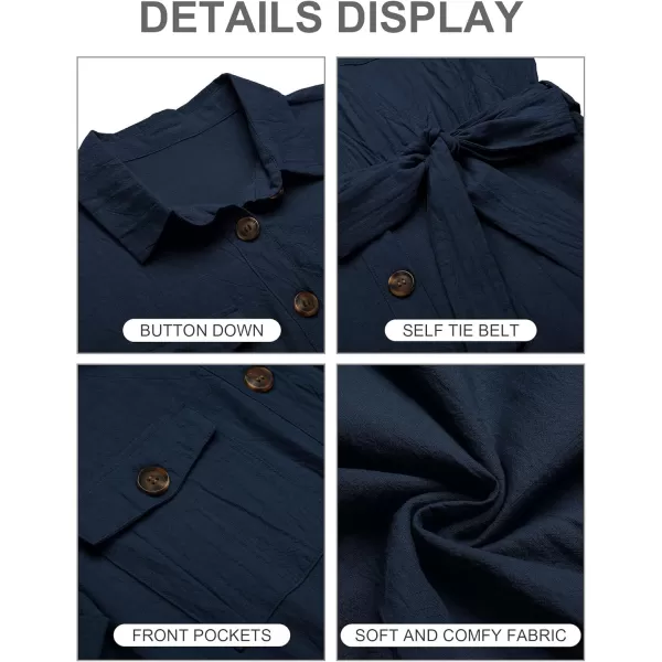 GRAPENT Womens Summer Short Sleeve Button Down Pockets Belted Jumpsuits RompersNavy Blue