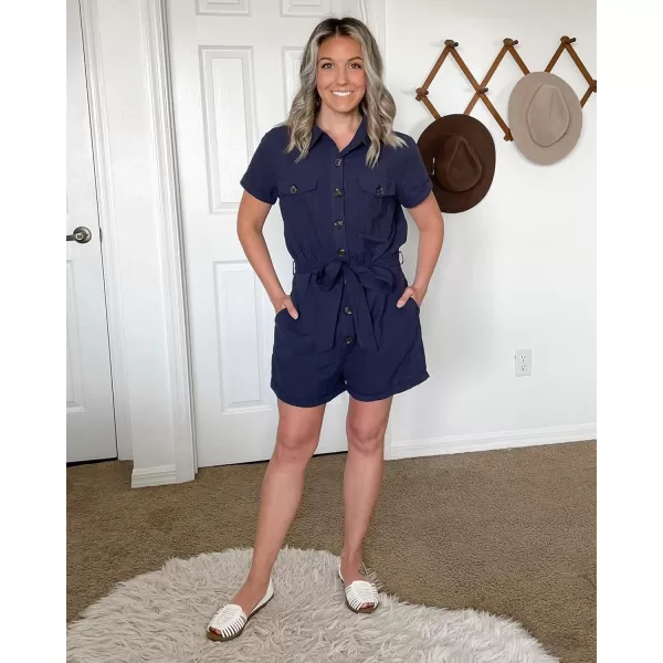GRAPENT Womens Summer Short Sleeve Button Down Pockets Belted Jumpsuits RompersNavy Blue