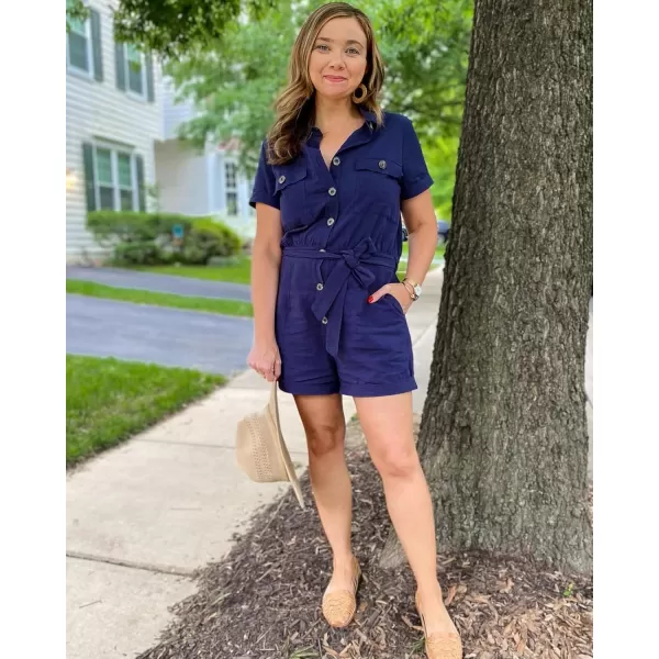 GRAPENT Womens Summer Short Sleeve Button Down Pockets Belted Jumpsuits RompersNavy Blue