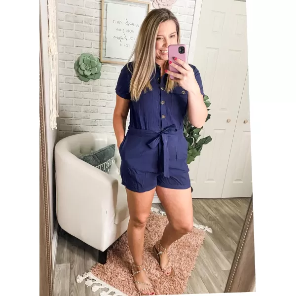 GRAPENT Womens Summer Short Sleeve Button Down Pockets Belted Jumpsuits RompersNavy Blue