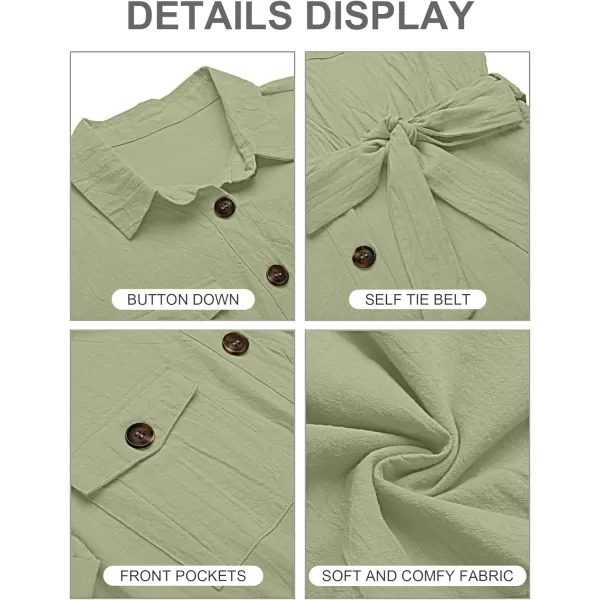 GRAPENT Womens Summer Short Sleeve Button Down Pockets Belted Jumpsuits RompersSage Green