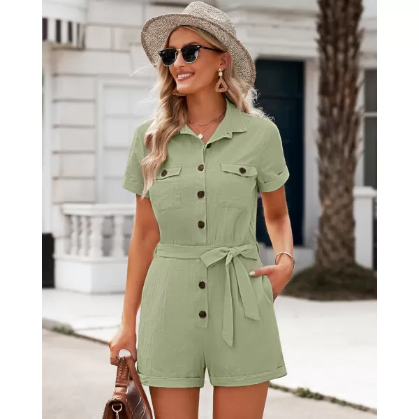GRAPENT Womens Summer Short Sleeve Button Down Pockets Belted Jumpsuits RompersSage Green