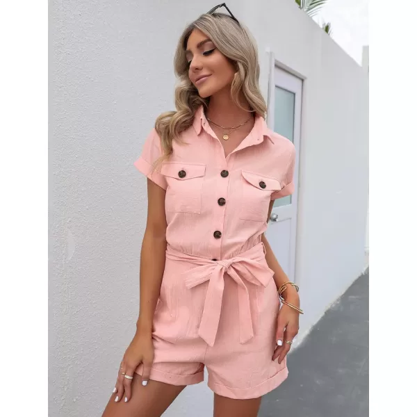 GRAPENT Womens Summer Short Sleeve Button Down Pockets Belted Jumpsuits RompersSeashell Pink