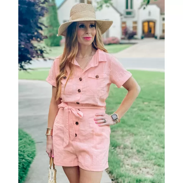 GRAPENT Womens Summer Short Sleeve Button Down Pockets Belted Jumpsuits RompersSeashell Pink