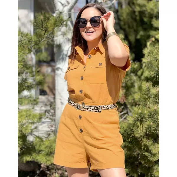 GRAPENT Womens Summer Short Sleeve Button Down Pockets Belted Jumpsuits RompersSunflower