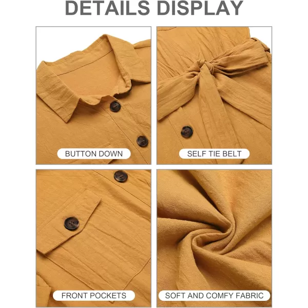 GRAPENT Womens Summer Short Sleeve Button Down Pockets Belted Jumpsuits RompersSunflower