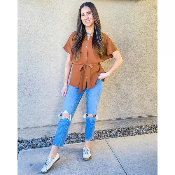 GRAPENT Work Blouses for Women Business Casual Tops Peplum Dressy Elegant Summer Button Down ShirtAmber Brown