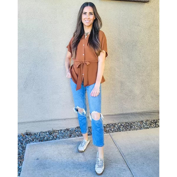GRAPENT Work Blouses for Women Business Casual Tops Peplum Dressy Elegant Summer Button Down ShirtAmber Brown