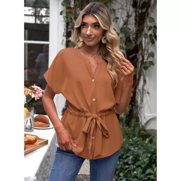 GRAPENT Work Blouses for Women Business Casual Tops Peplum Dressy Elegant Summer Button Down ShirtAmber Brown