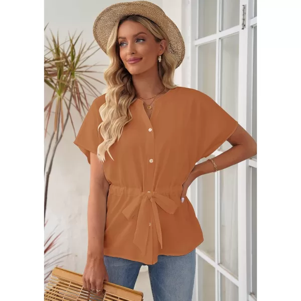 GRAPENT Work Blouses for Women Business Casual Tops Peplum Dressy Elegant Summer Button Down ShirtAmber Brown