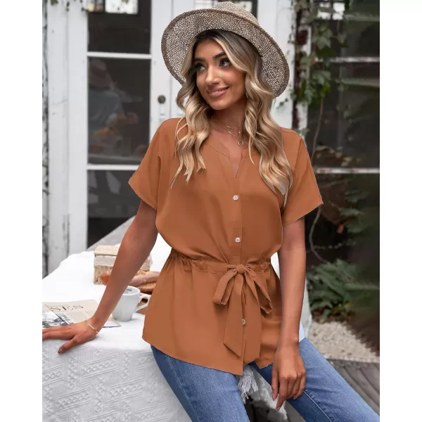 GRAPENT Work Blouses for Women Business Casual Tops Peplum Dressy Elegant Summer Button Down ShirtAmber Brown