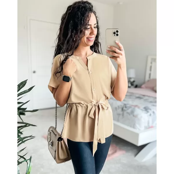 GRAPENT Work Blouses for Women Business Casual Tops Peplum Dressy Elegant Summer Button Down ShirtBeige