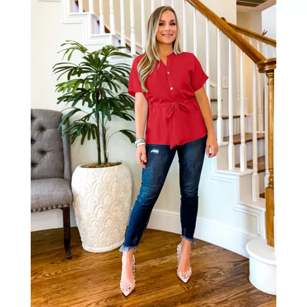 GRAPENT Work Blouses for Women Business Casual Tops Peplum Dressy Elegant Summer Button Down ShirtTrue Red