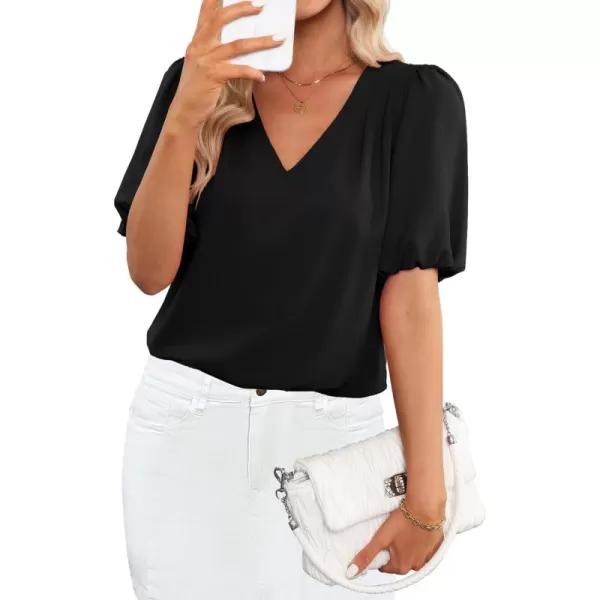 GRAPENT Business Casual Tops for Women Work Blouses Dressy Short Puff Sleeve Office Pleated V Neck Trendy Summer BlouseBlack