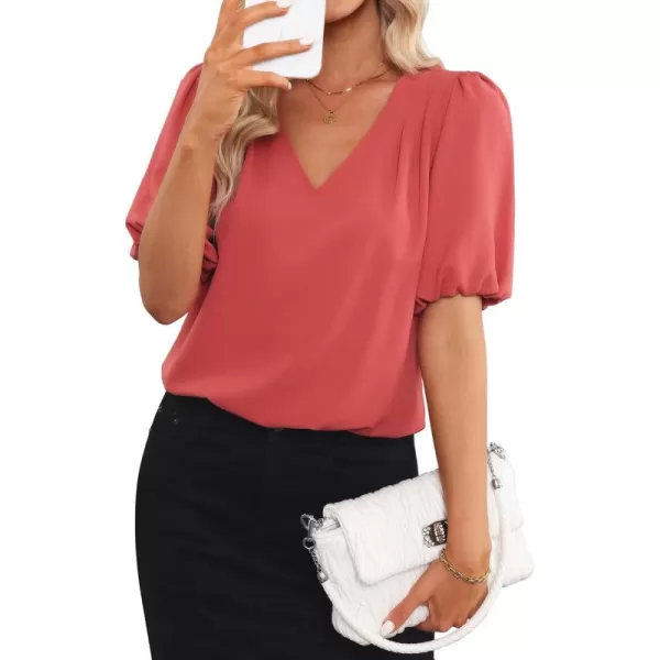 GRAPENT Business Casual Tops for Women Work Blouses Dressy Short Puff Sleeve Office Pleated V Neck Trendy Summer BlouseCranberry